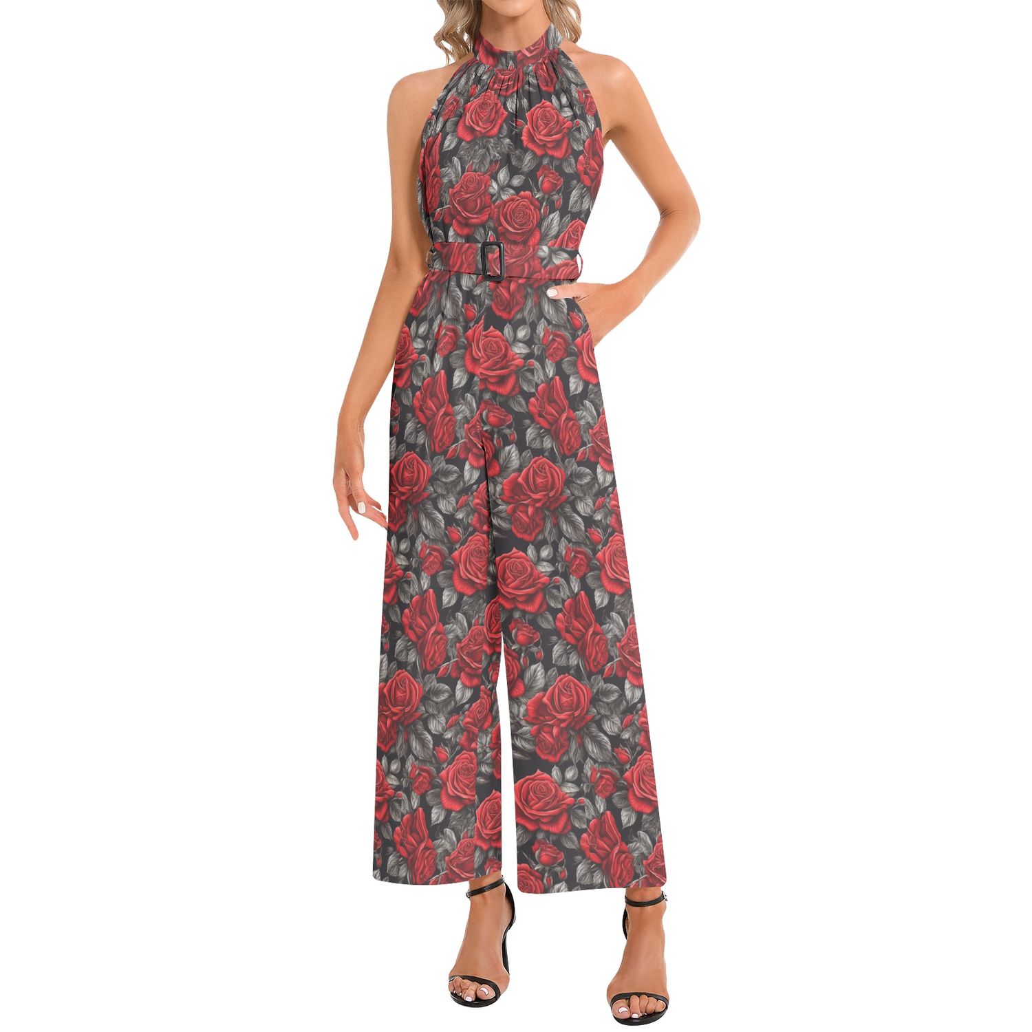 Roses Halter Neck Buckle Belted Jumpsuit
