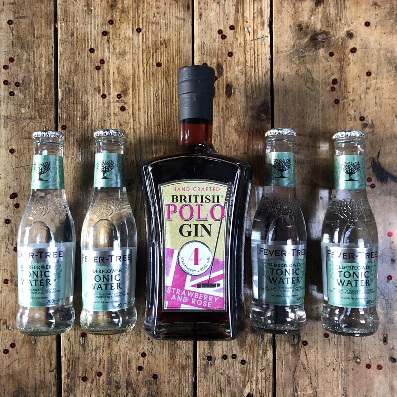 British Polo Gin No.4  Strawberry & Rose with 4 x 200ml Fever Tree Elderflower Tonics