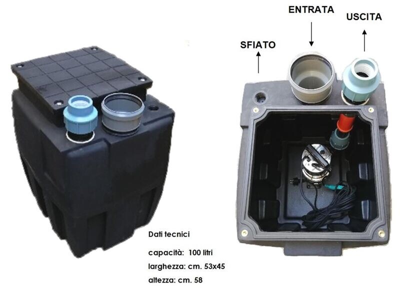 Stazione di sollevamento acque nere 100 litri vasca CON POMPA HP.1,5 inox serbatoio pozzetto