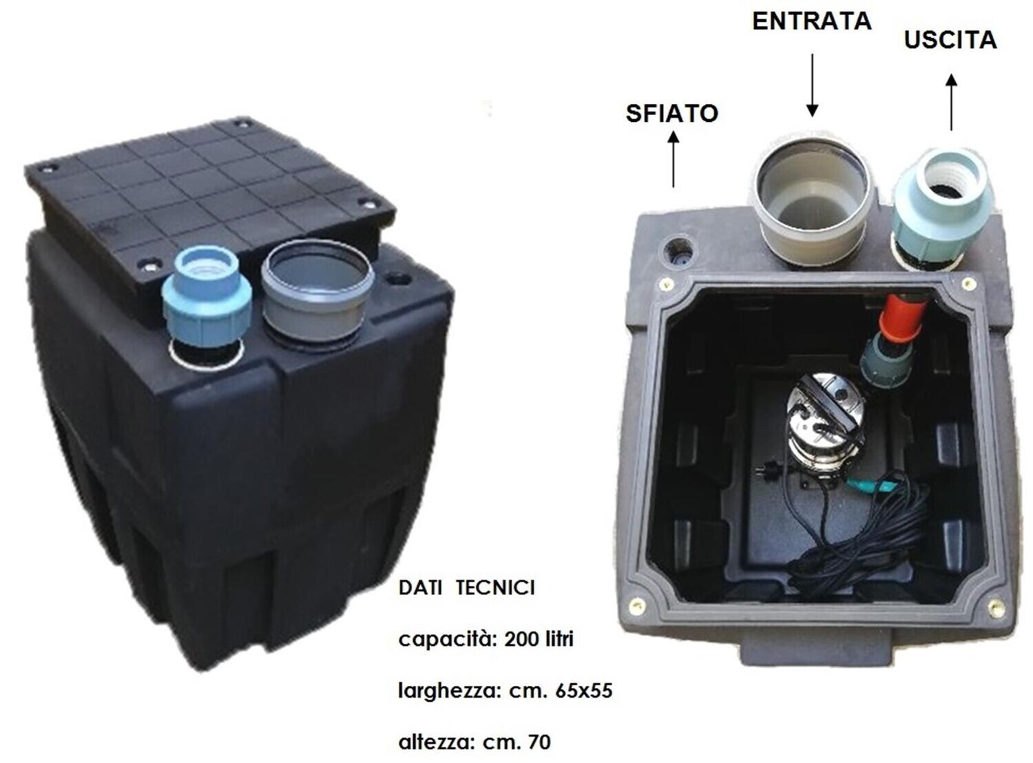Stazione di sollevamento acque nere 200 litri vasca CON POMPA HP.1,5 inox serbatoio pozzetto