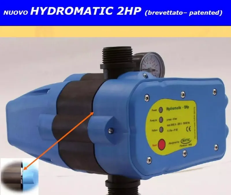 Pressostato elettronico Hydromatic 2HP con regolazione pressione e manometro