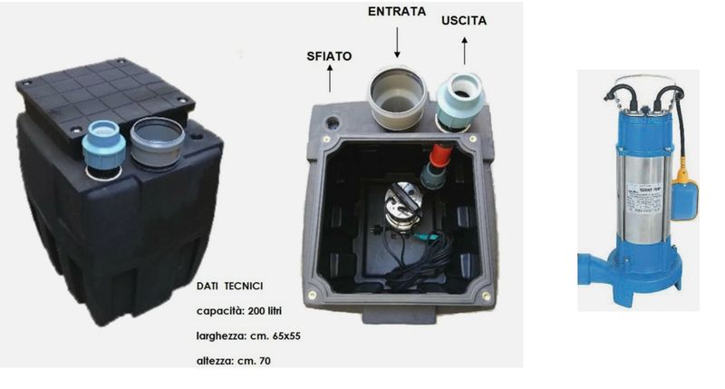 Stazione di sollevamento serbatoio pozzetto acque nere 200 litri vasca CON POMPA HP.1,5 trituratrice