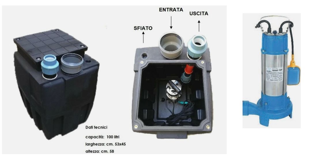 Stazione di sollevamento serbatoio pozzetto acque nere 100 litri vasca CON POMPA HP.1,5 trituratrice