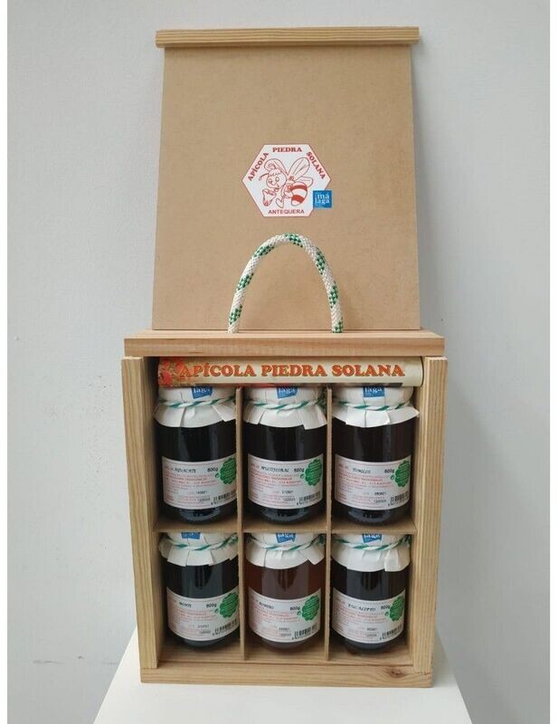 CAJA DE MADERA HECHA A MANO CON 6 UNIDADES DE 500 GR APÍCOLA PIEDRA SOLANA