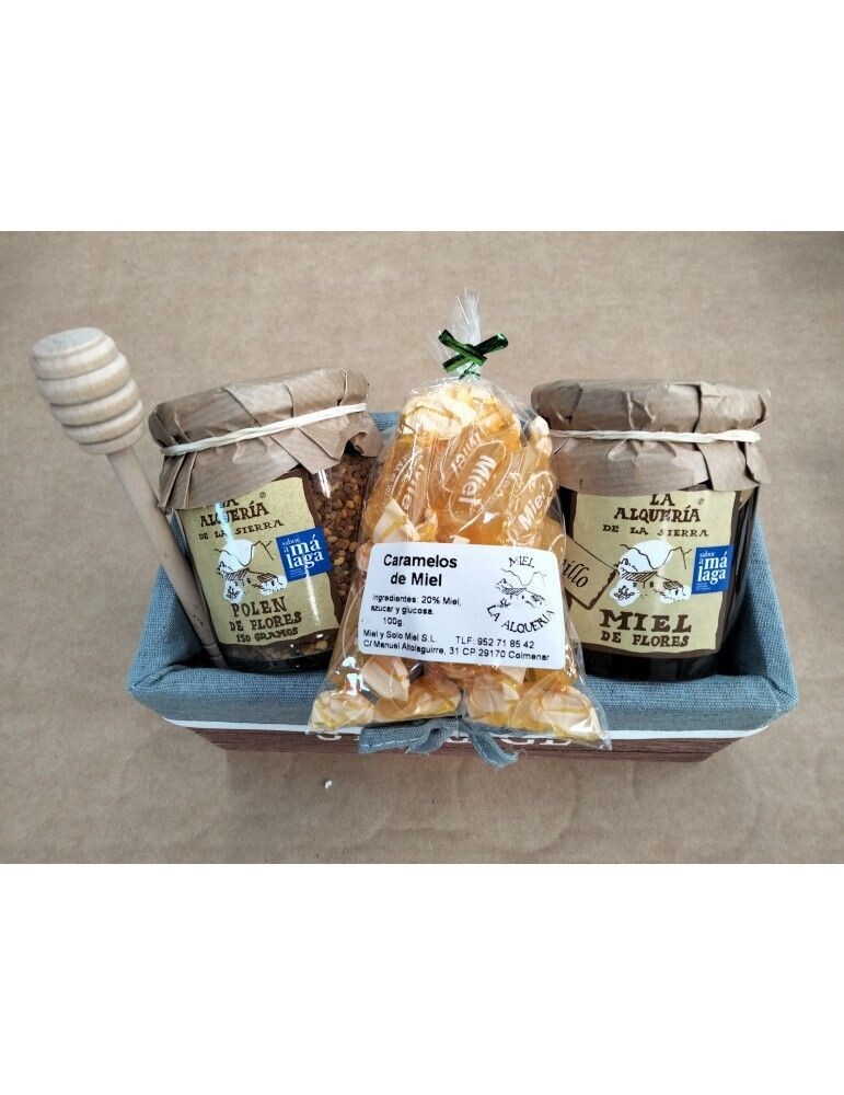 CESTA Nº 2: MIEL DE TOMILLO, POLEN, CARAMELOS DE MIEL, MIELERO Y CESTA