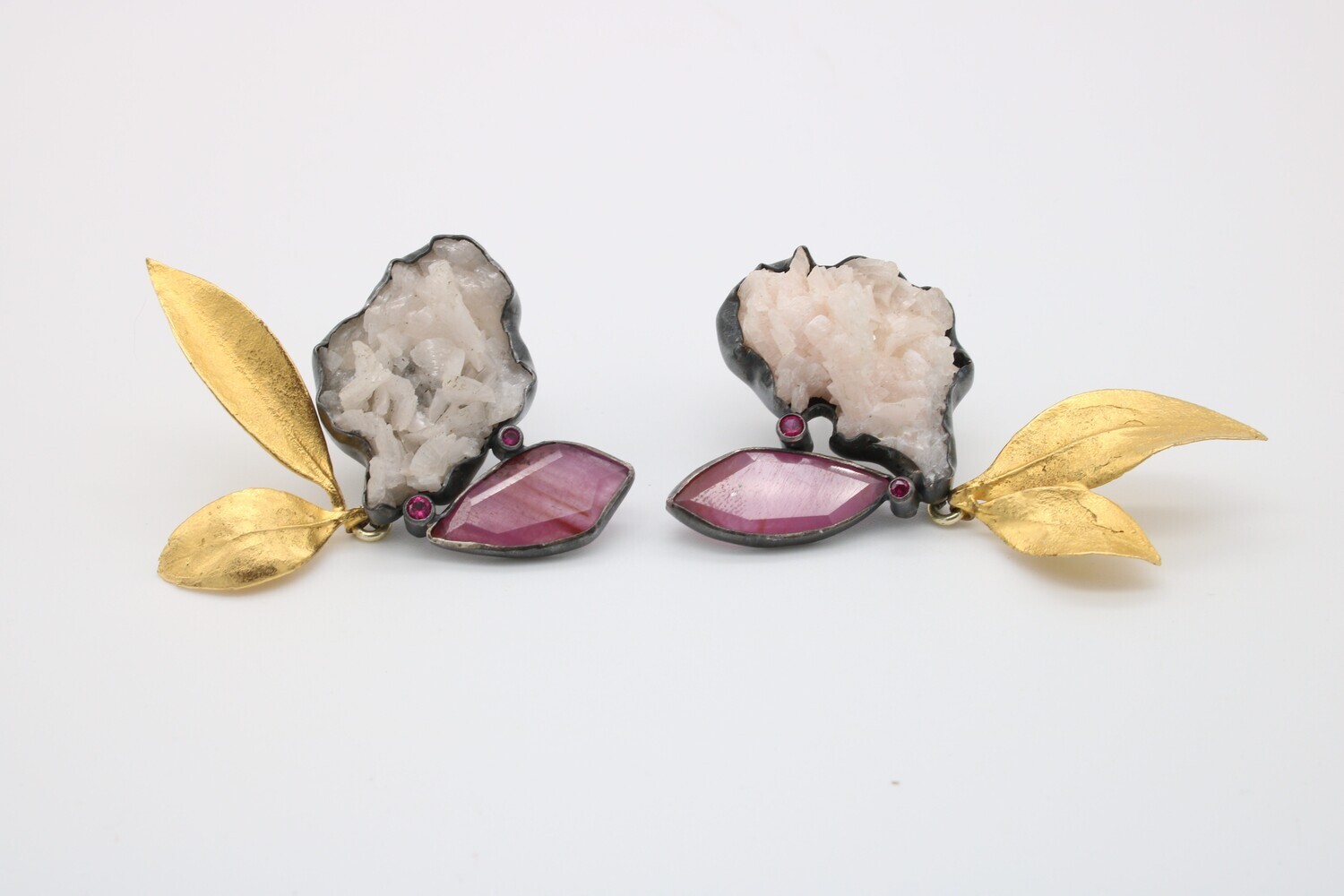 Anna Johnson: Dolomieu Earrings, pink dolomite, pink sapphires, rubies, 18k, silver, pieris.