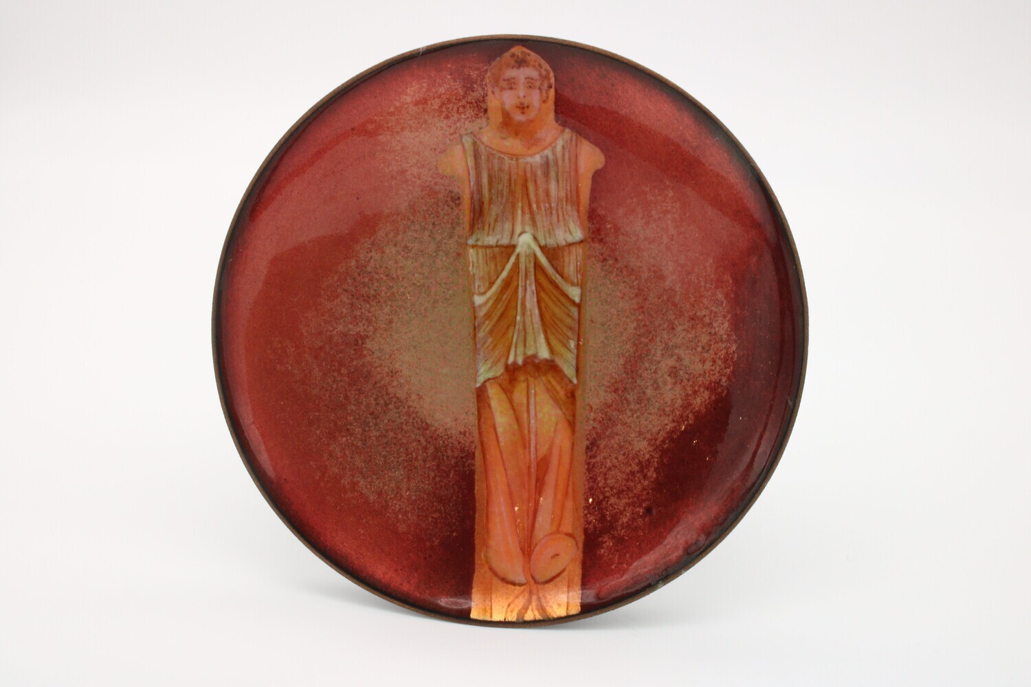 Bill Helwig: 4in round dish red enamel with male column figure