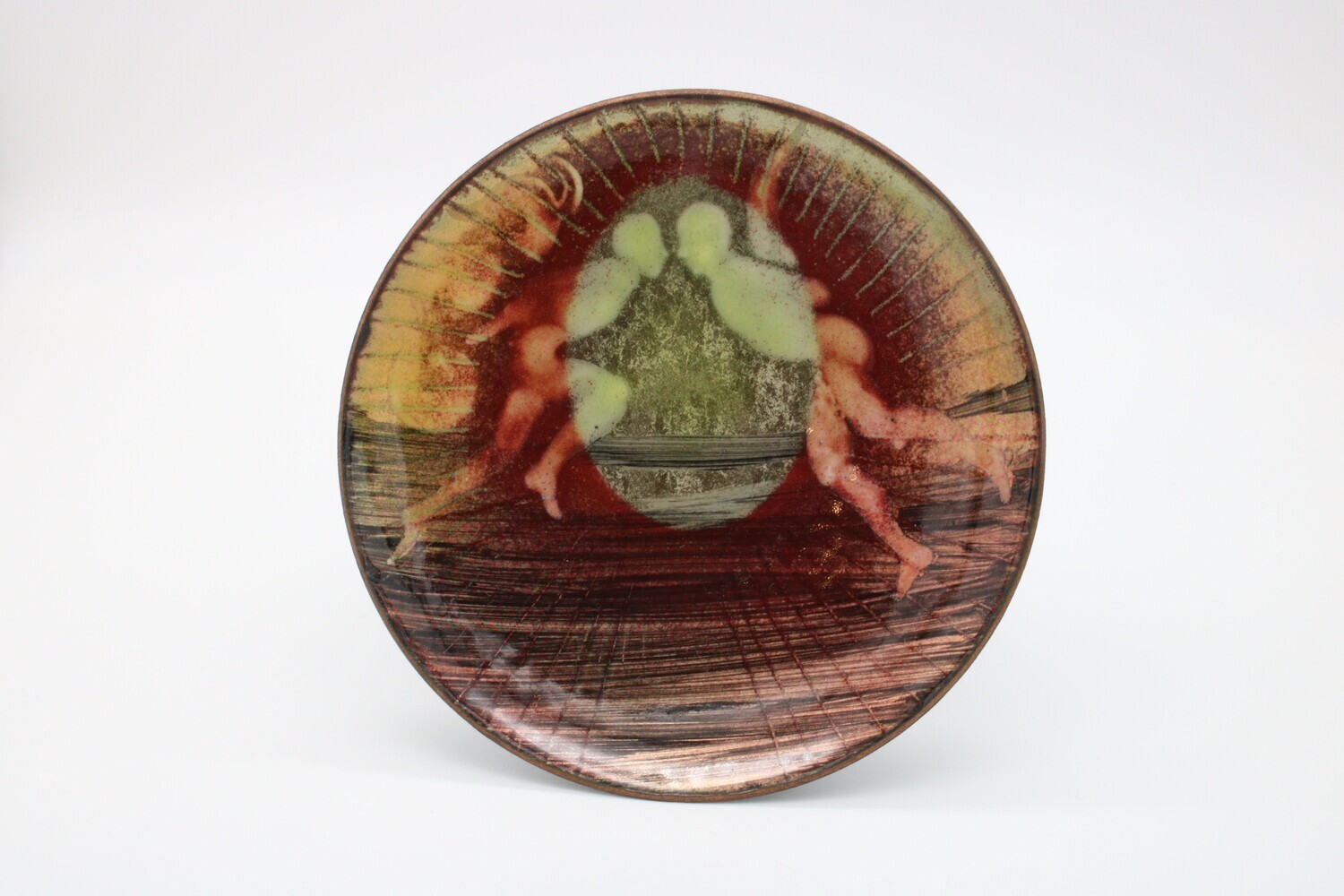 Bill Helwig: 4in Round Dish Red and Green with male figures