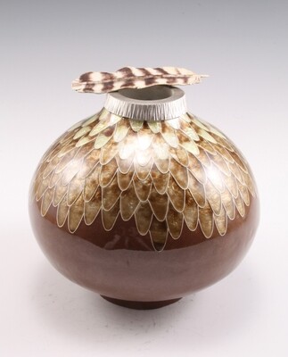 Harlan Butts: Barred Owl Vessel with Feather rooch. Copper, enamel, Silver