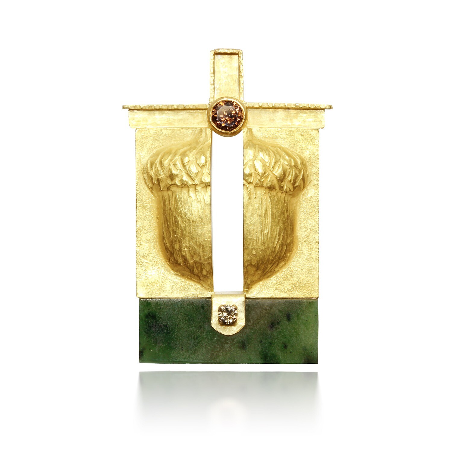 Linda K. Priest: Acorn Seed Pendant, 14k Repousse&#39; acorn with brown diamond top of yellow diamond and jade.