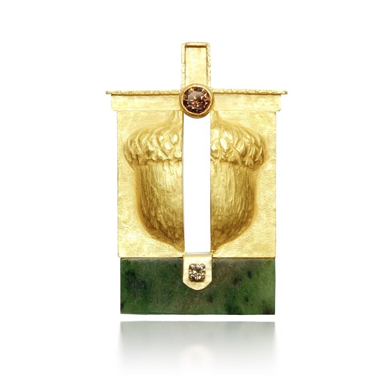 Linda K. Priest: Acorn Seed Pendant, 14k Repousse&#39; acorn with brown diamond top of yellow diamond and jade.