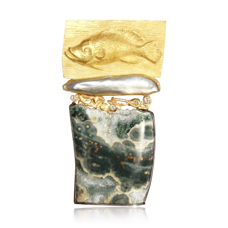 Linda K. Priest: Sea Wandered 14K Fish Brooch/Pendant, long pearl with Diamonds and Ocean Jasper