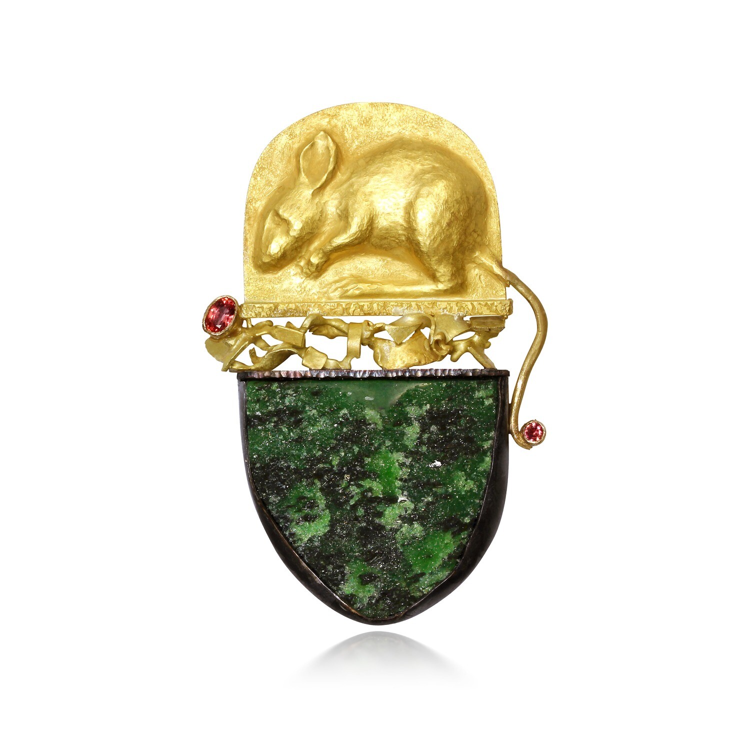 Linda K. Priest: Field Mouse with Flower, 14k Repousse&#39; with apricot sapphires and 51ct Diopside. Brooch\pendant