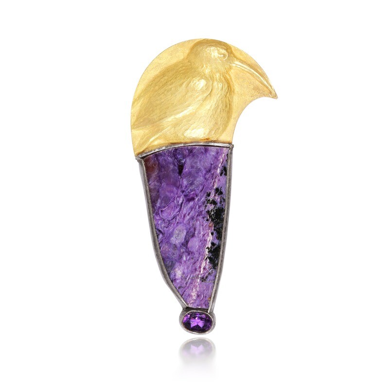 Linda K. Priest: Purple Splendid Sunbird Brooch and Pendant, 14k repousse&#39; bird with Charoite, and Amethyst.