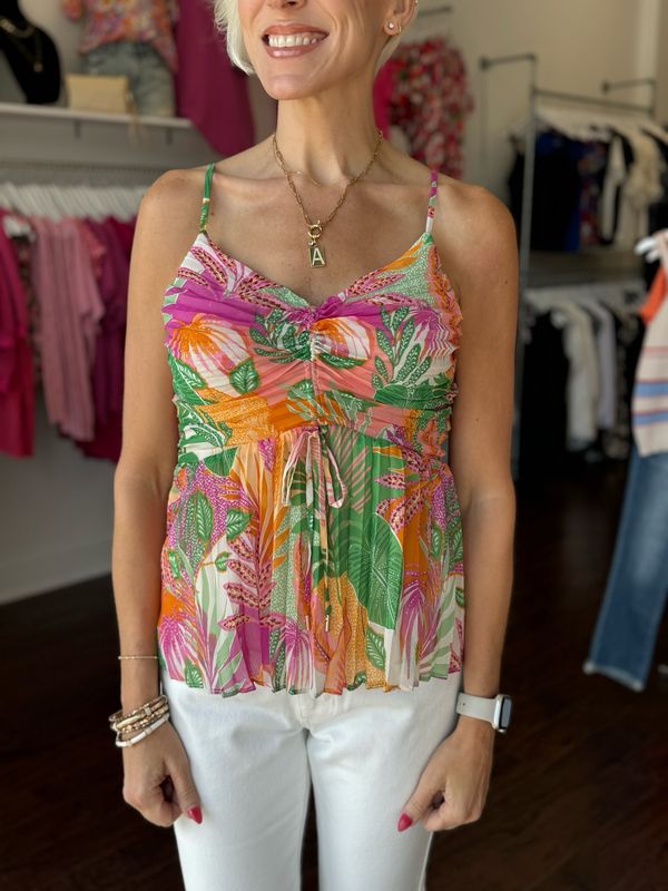 Tropical Print Ruched Cami Top