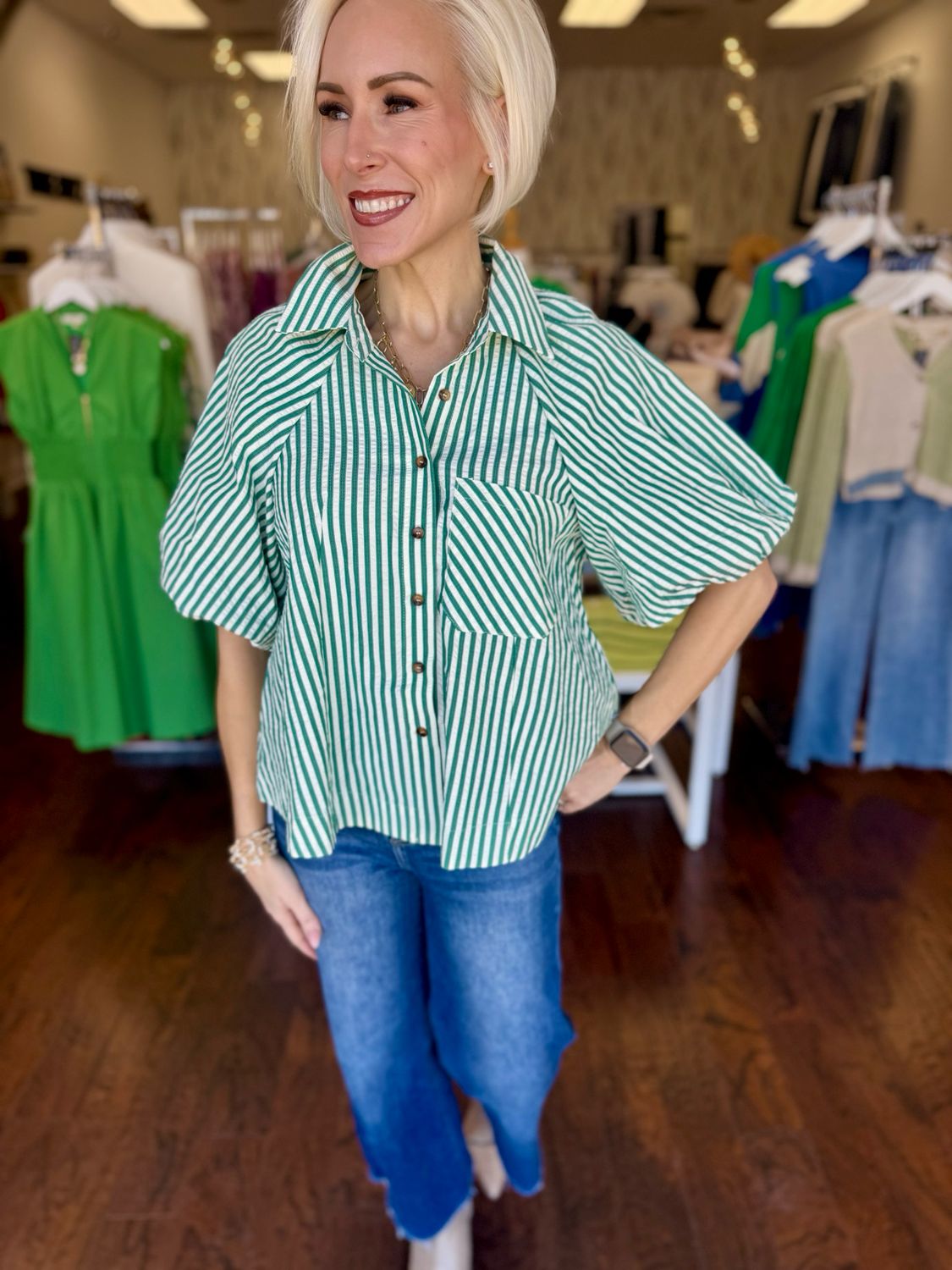 Striped Bubble Sleeve Blouse