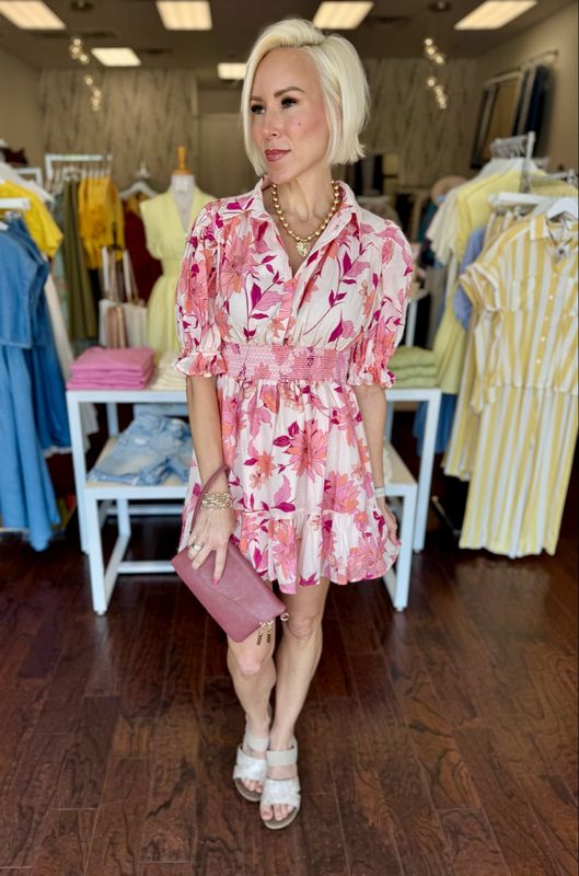 Floral Smocked Waist Half-Slv Mini dress