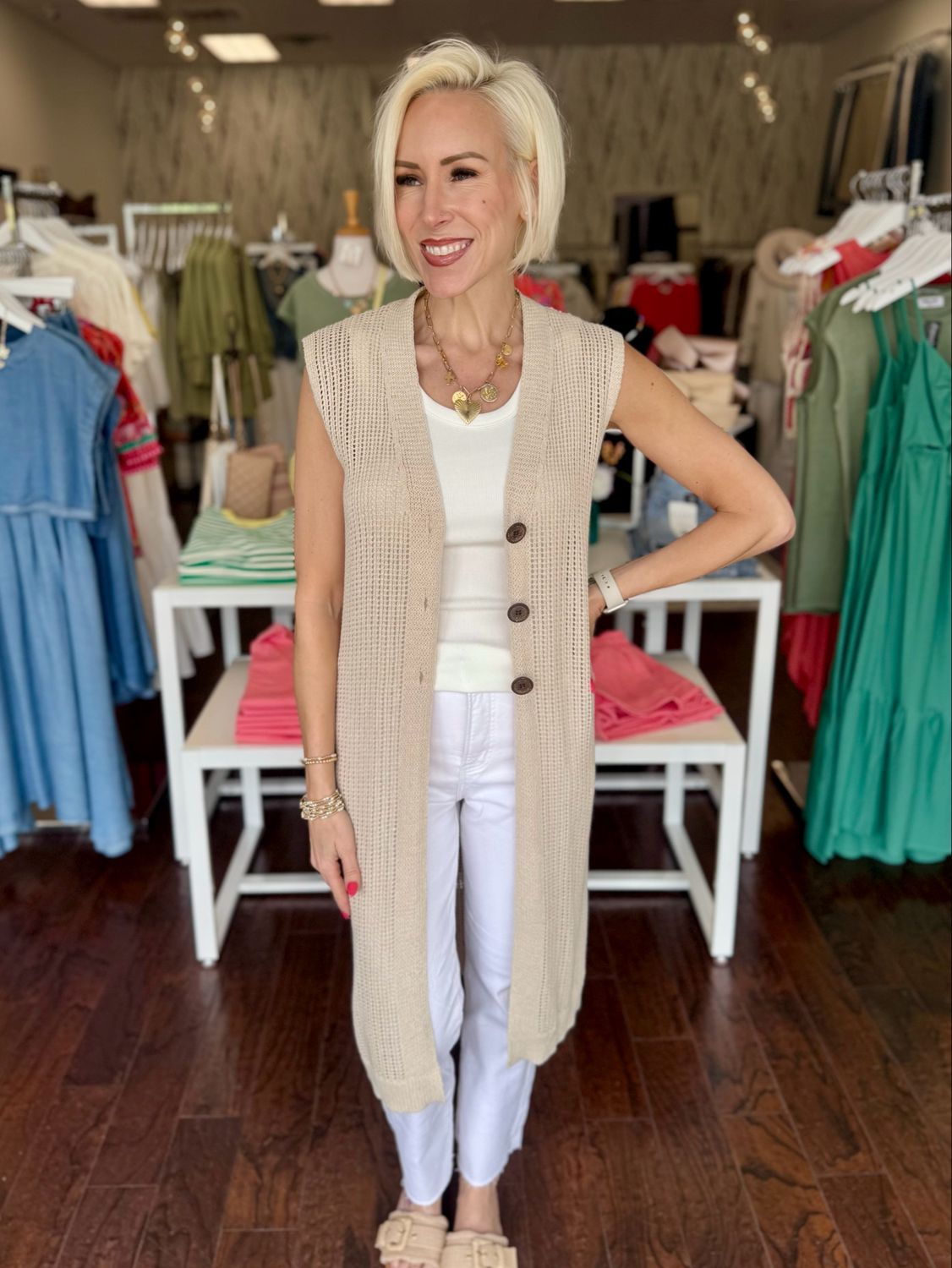 Open Knit Cardigan Sweater Vest 