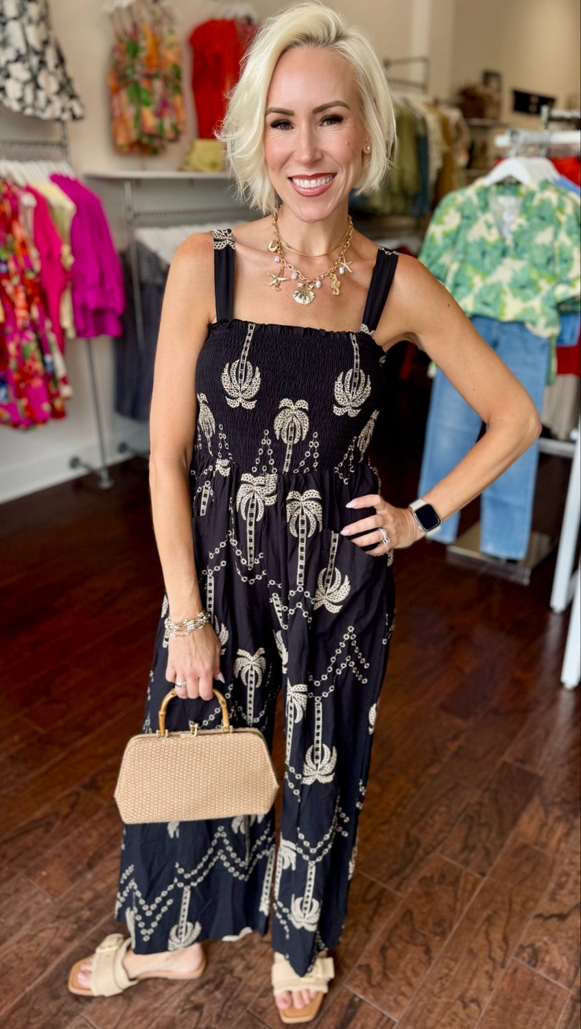 Palm Print Wide Leg Jumpsuit