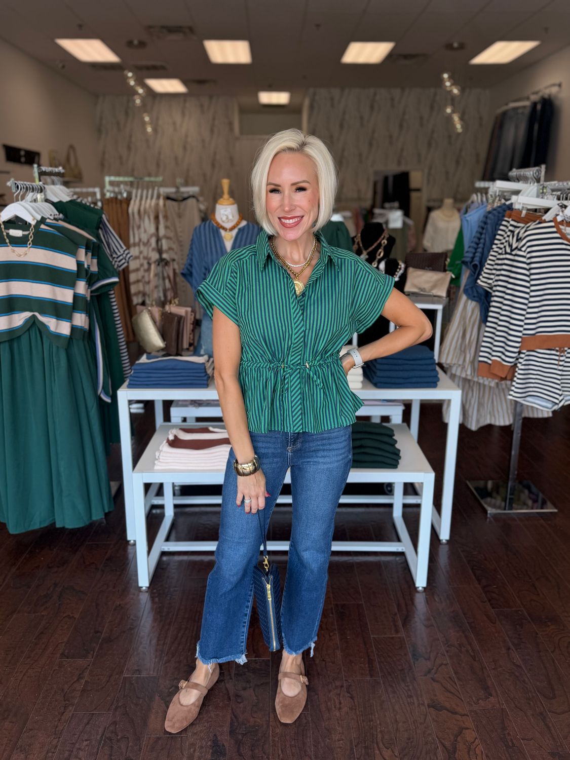 Stripe Drawstring Waist Blouse