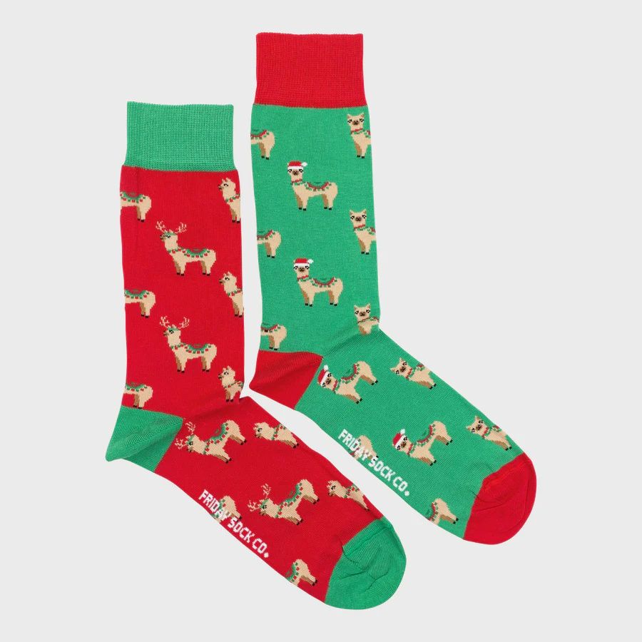U/M Mismatched Ugly-ish Christmas Socks, Pattern: Fa La Llama