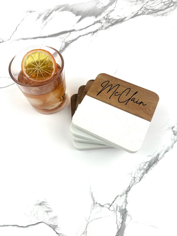 Marble and Acacia Coasters Set of 4