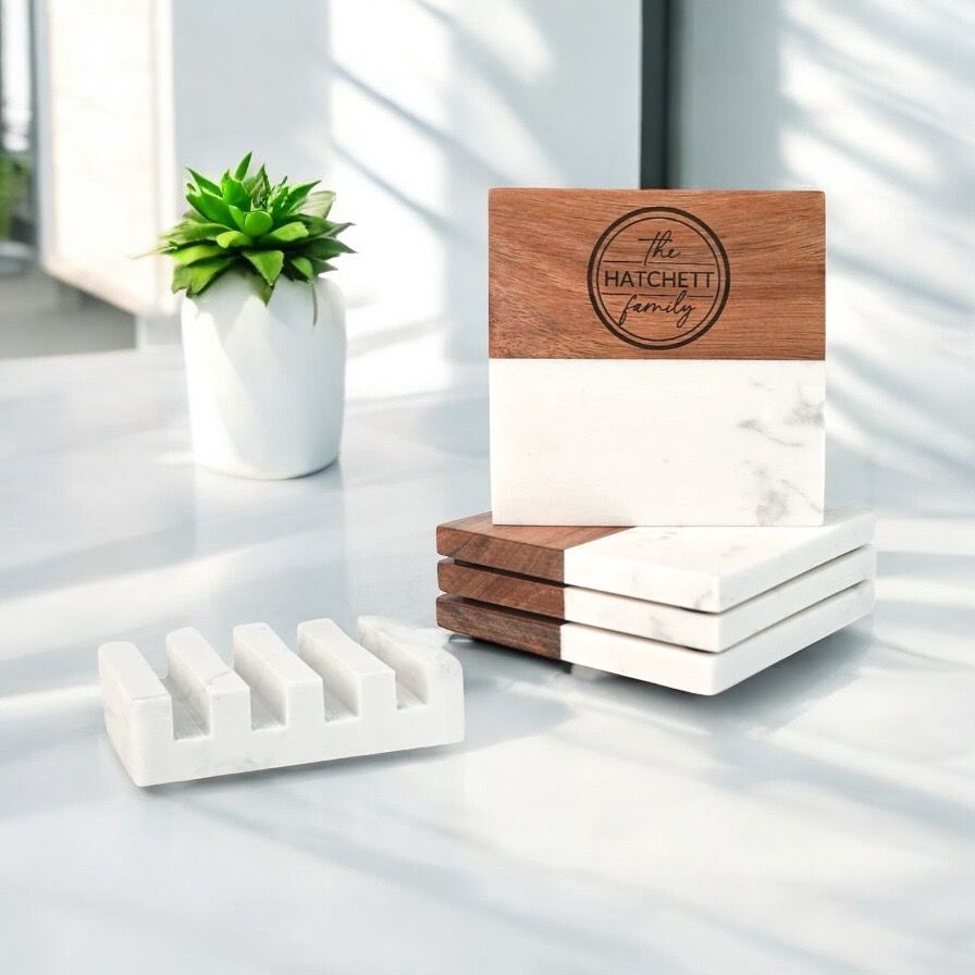 Marble and Acacia Coasters Set of 4