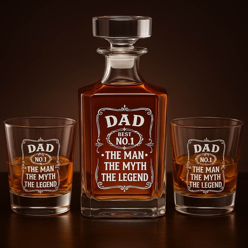 Custom Engraved Father’s Day Whiskey Decanter Set – 750 mL + 2 Glasses | Personalized Gift for Dad