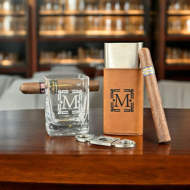 Custom Whiskey Glass &amp; Cigar Holder Bundle