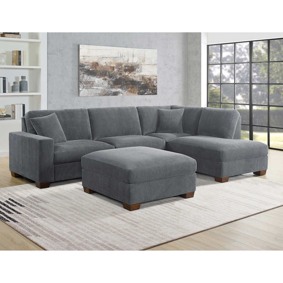 Thomasville Artesia Corduroy Fabric Sectional with Ottoman Gray color