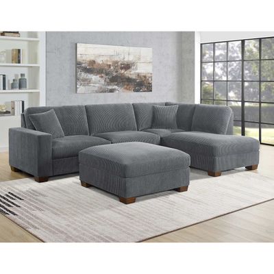 Thomasville Artesia Corduroy Fabric Sectional with Ottoman Gray color