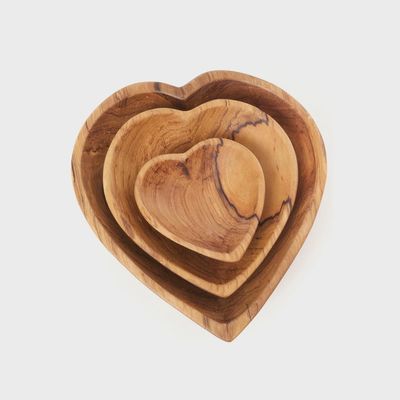 Set of three wild olive wood nesting heart bowls