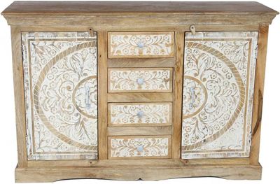 Side Board 2 Door with 4 Drawer Wooden carved with white paint
