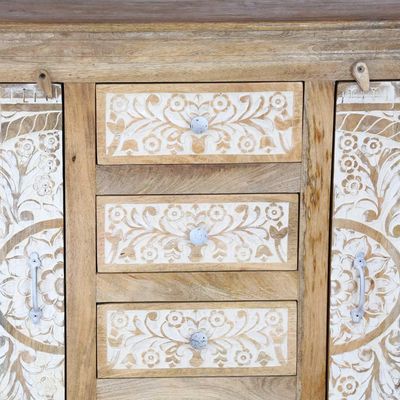 Side Board 2 Door with 4 Drawer Wooden carved with white paint