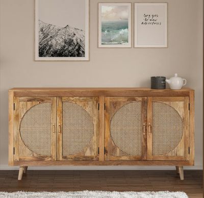 Indian handmade Cane 3-Doors Dresser in Natural Color