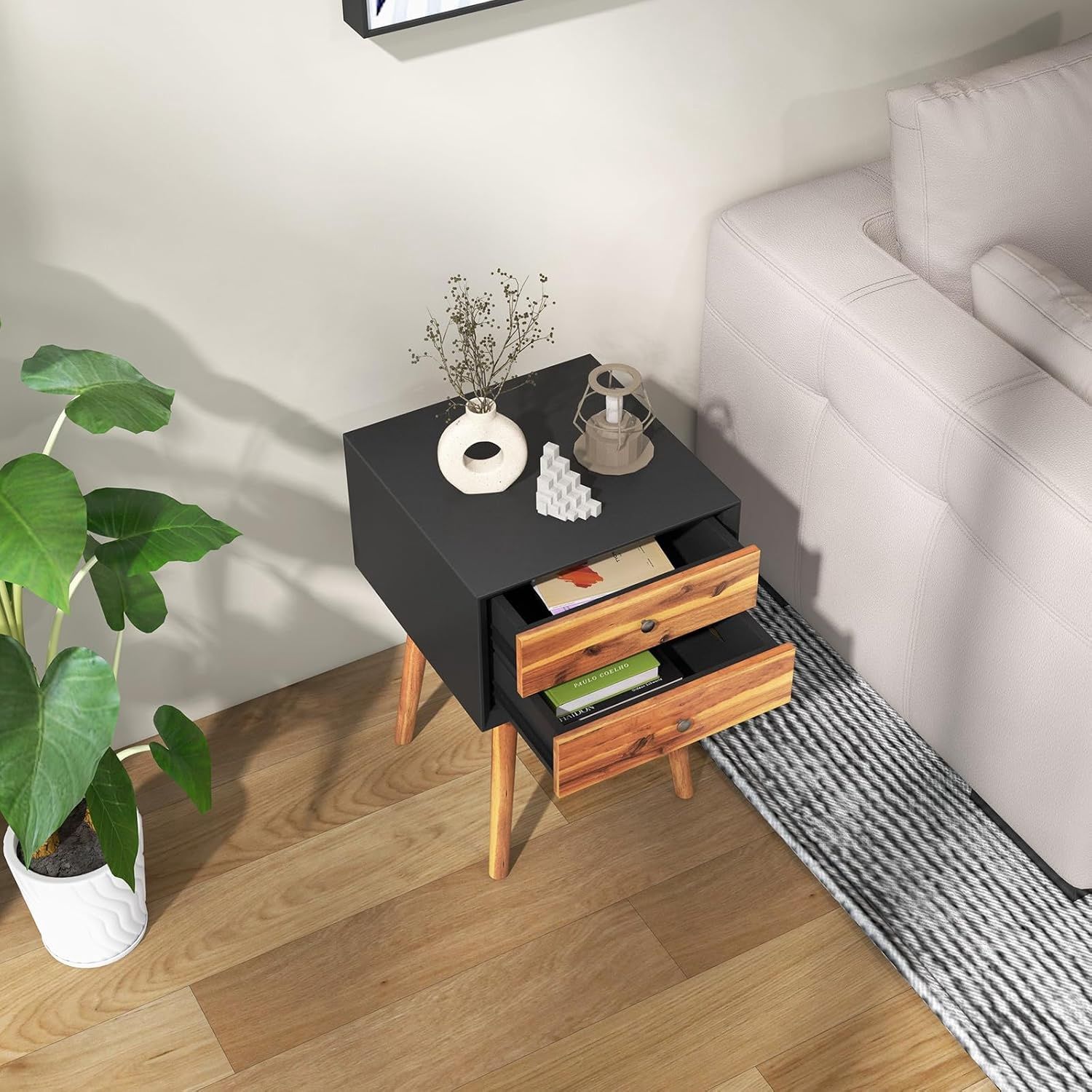 Natural with black 2 Drawer nightstand