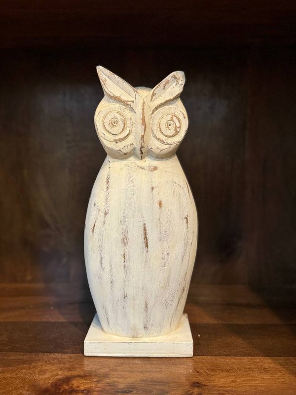 White Wood Carved Owl 15&quot;