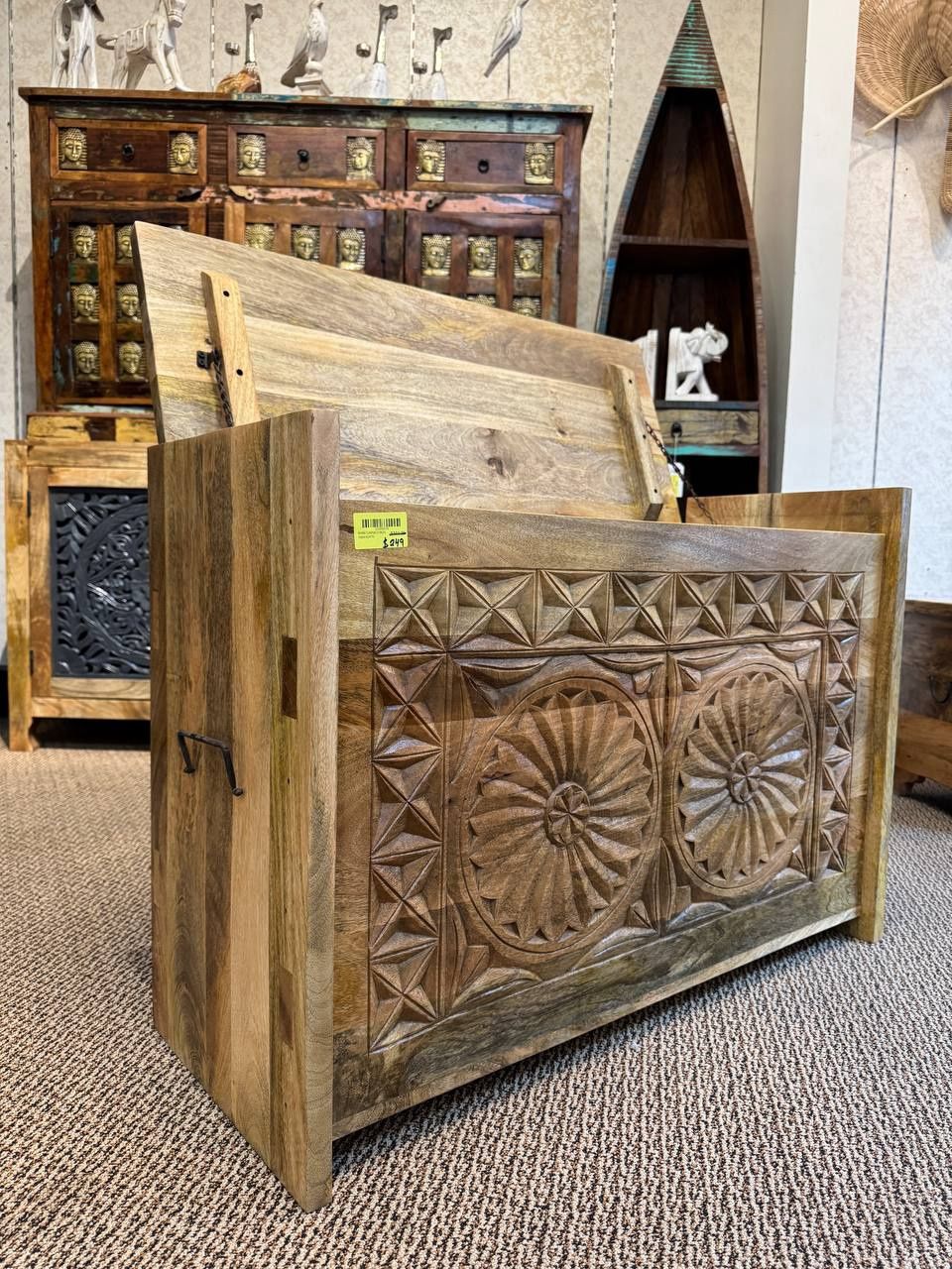 Carved Bench a natural wood with Box