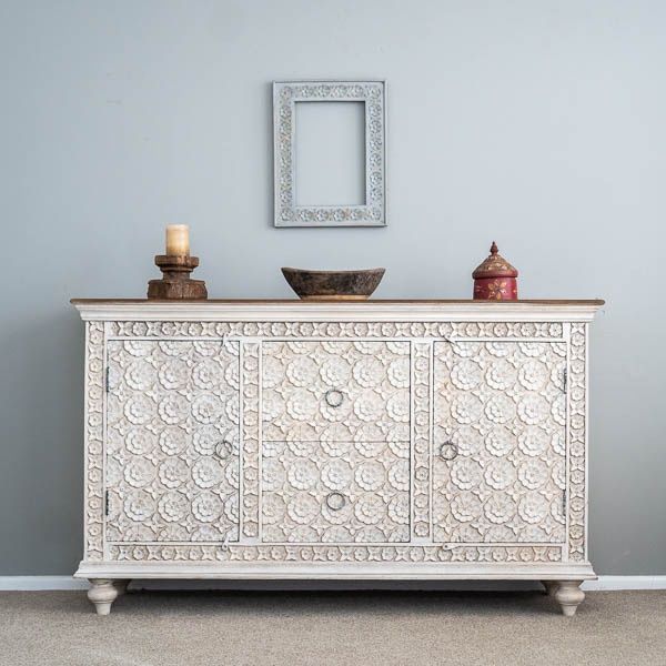 Natural Hand Carved Indian White 2 Door 2 Drawer SideBoard