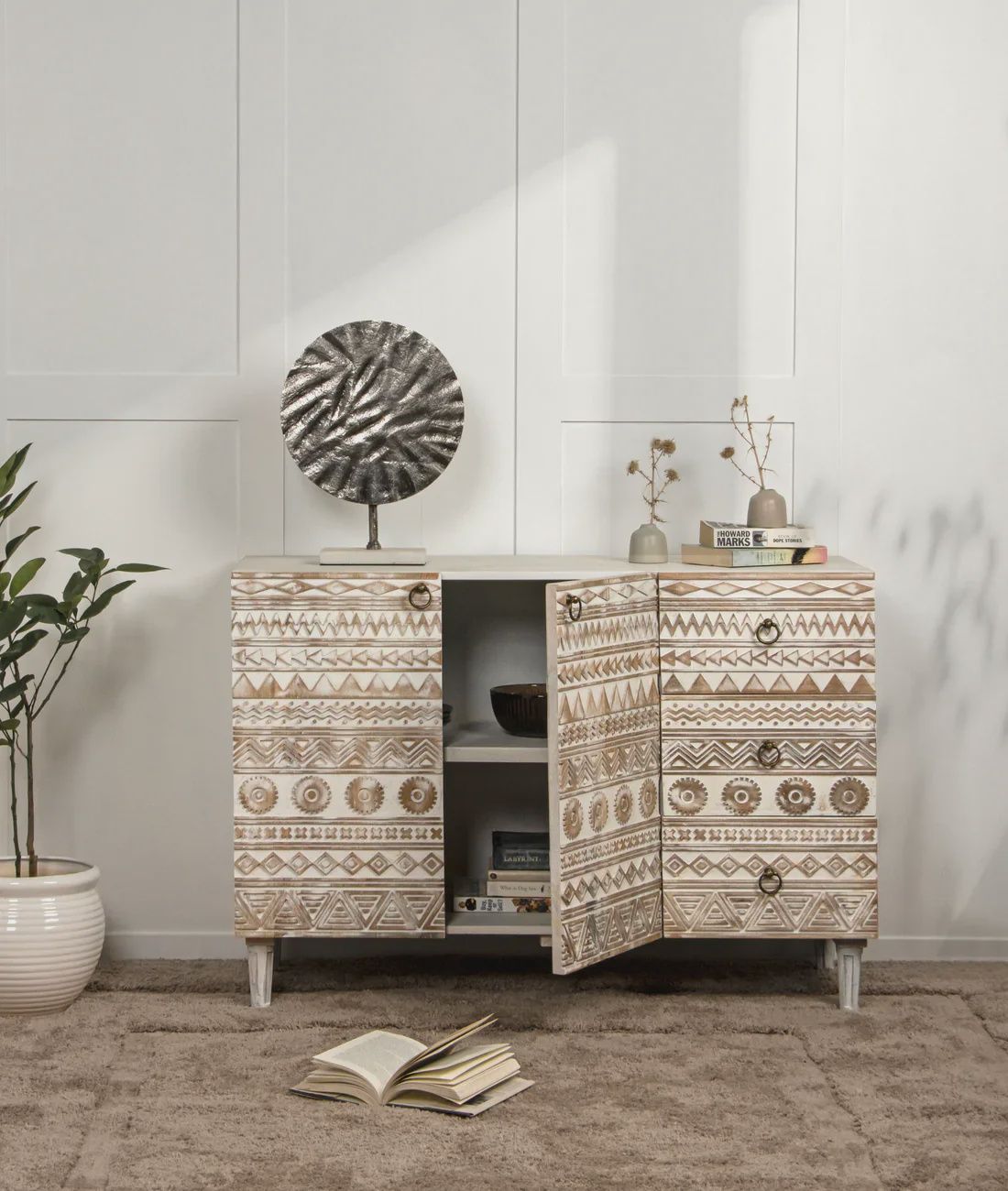 2 Door 4-Drawer Carved Mango Wood Sideboard