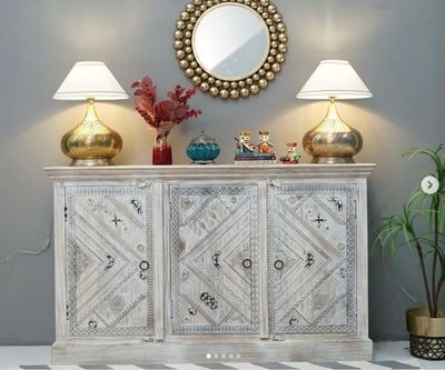 Carved wood Sideboard 4 Door with old rail train metal