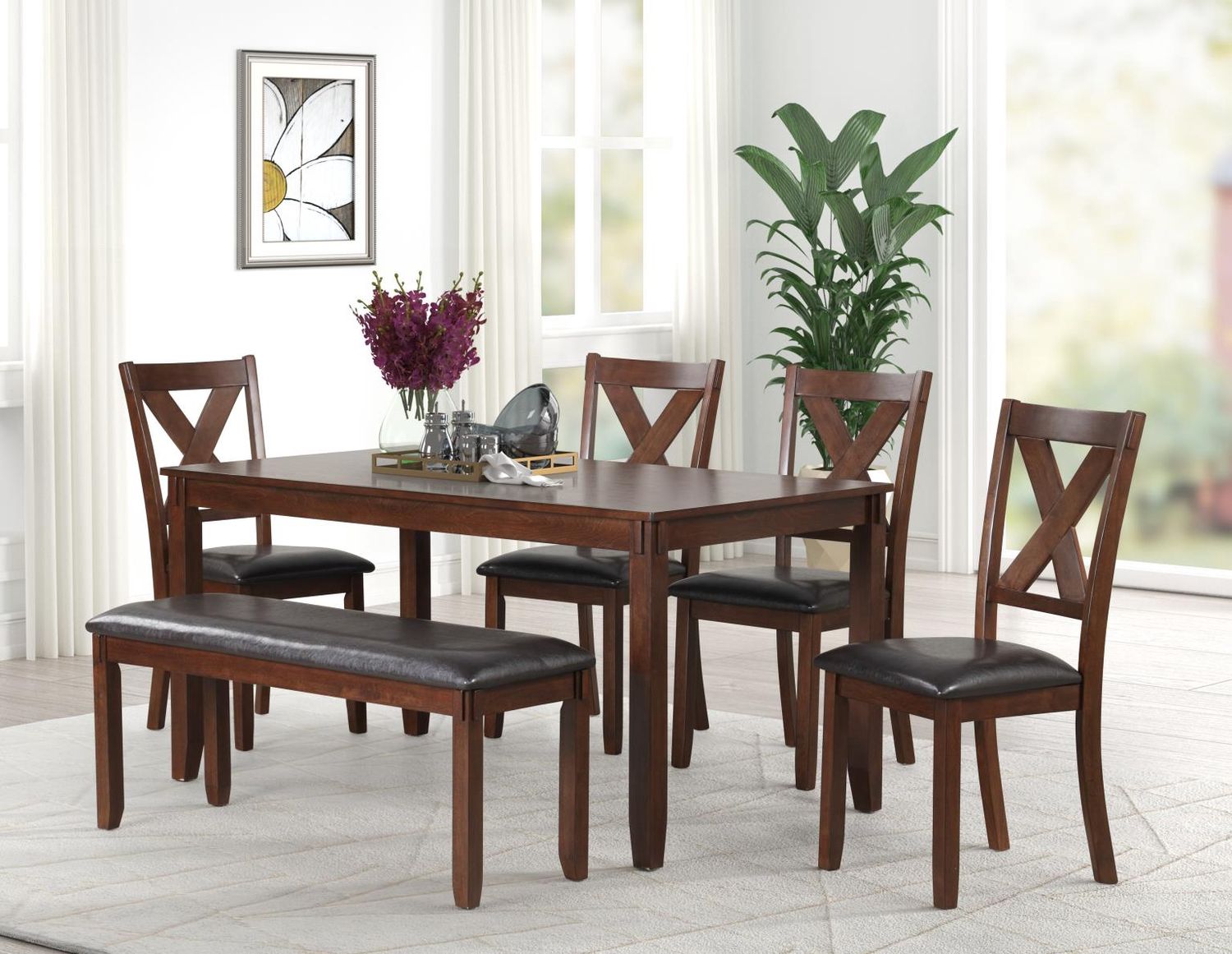 6 PC Dining Set, Table and 4 Chairs and Bench