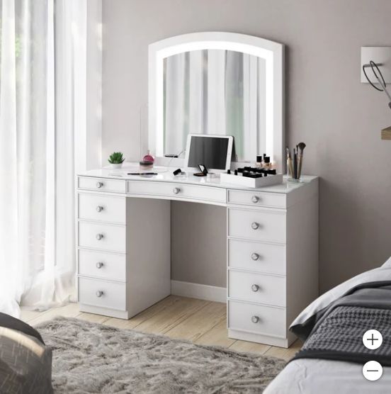Heidi Double Pedestal Vanity Table with Adjustable LED Lighted Mirror