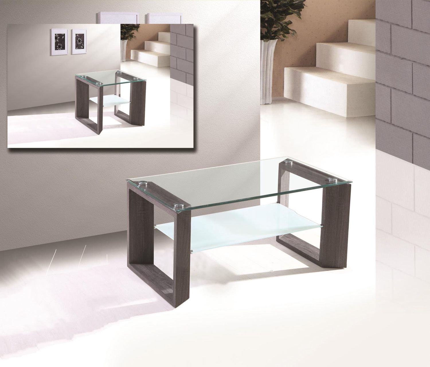 Gray Coffee Table with Glass Top and Storage Shelf