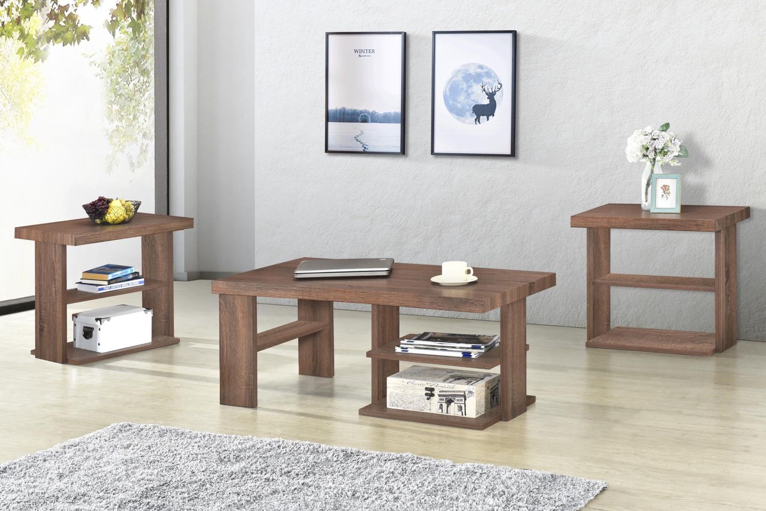 3 PC Brown Coffee Table Set, Coffee Table and 2 End Tables