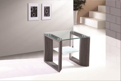 Gray End Table with Glass Top and Storage Shelf