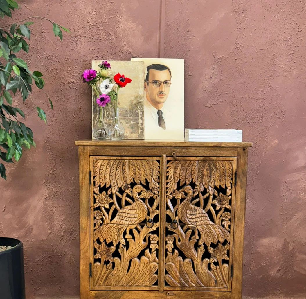 Handcrafted Two Door Peacock Carved Mango Wood Sideboard