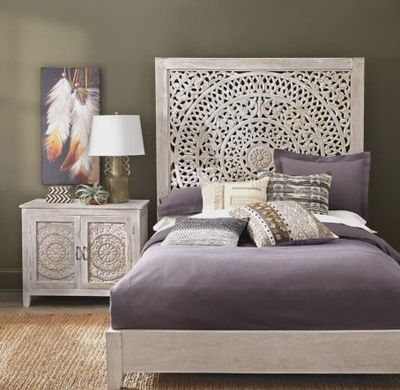 Carved Lace White Wash King Panel Bed