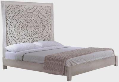 Carved Lace White Wash King Panel Bed