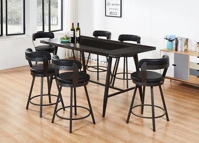 Table and 6 Counter Stools in Black Faux Leather